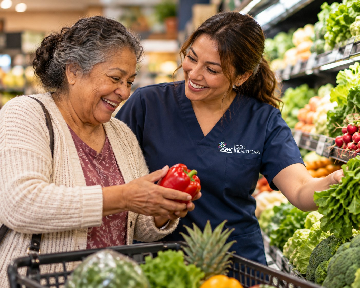 A Geo HealthCare support worker helping a client pick out produce together in a grocery store