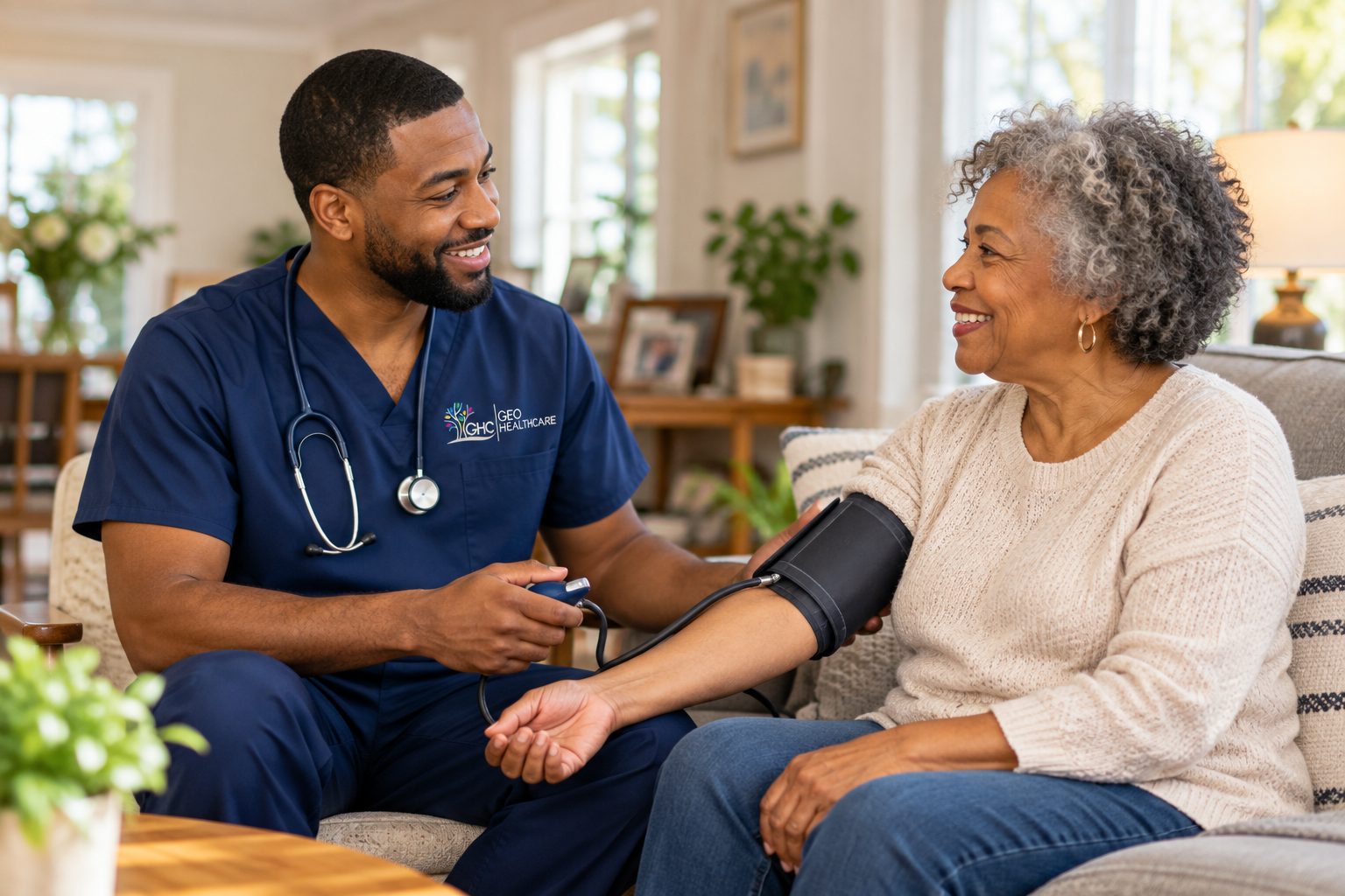 A Geo HealthCare nurse checking an older woman's blood pressure in her living room
