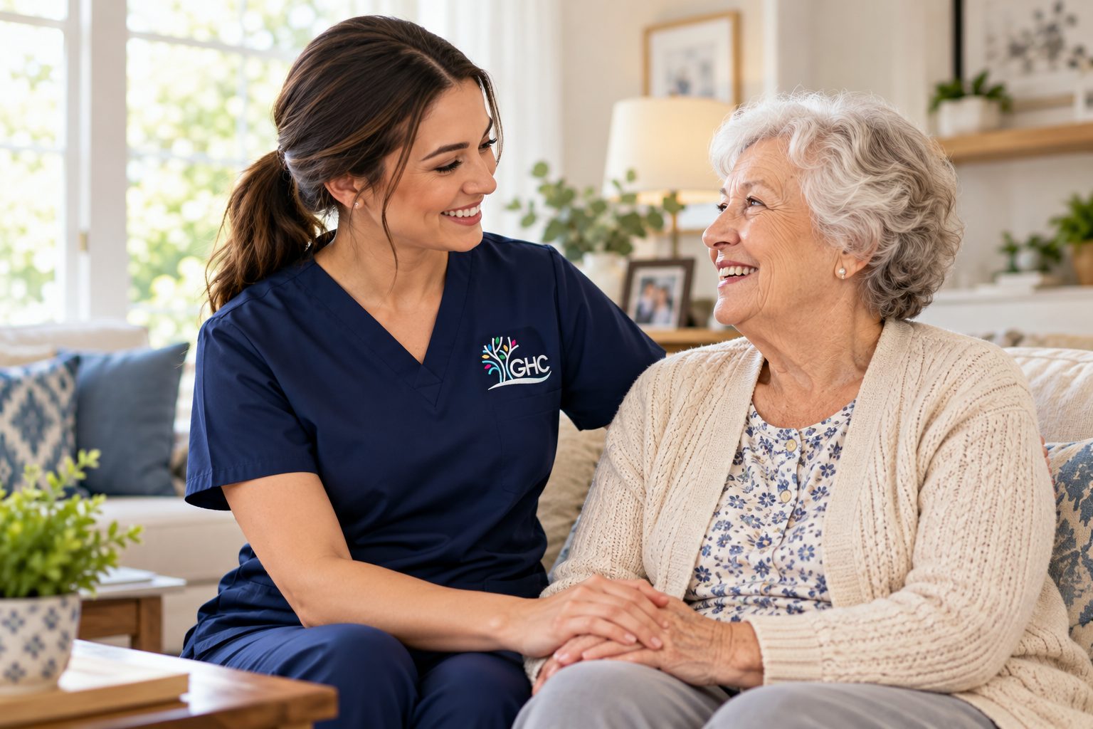 A Geo HealthCare caregiver sitting with and holding the hand of an older woman on her couch